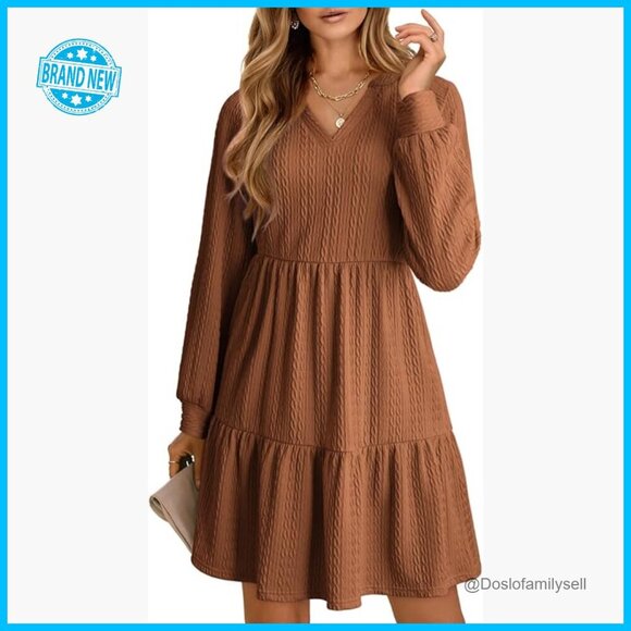 Dresses & Skirts - Long Sleeve V Neck Tiered Ruffle A-Line Mini Babydoll Dress Casual Chic